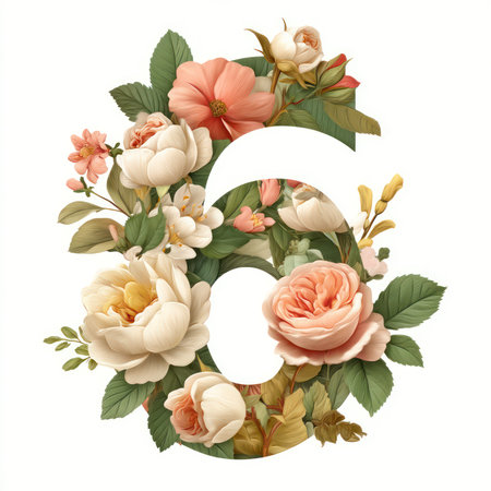 This decorative floral cutout features the number six filled with beautiful pastel flowers, isolated against a white background, perfect for elegant designs.の写真素材