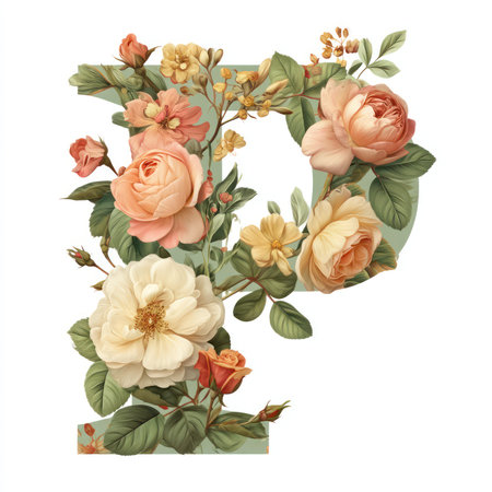 This vibrant artwork features the letter P adorned with soft pastel flowers and lush greenery, creating an elegant and decorative design perfect for various creative projects.の写真素材