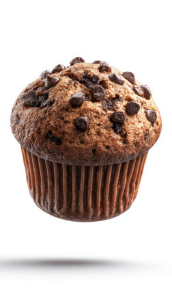 This image showcases a realistic chocolate chip muffin featuring a soft texture and detailed design, perfect for culinary projects or food-related content.の写真素材