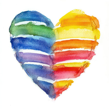 A vibrant and beautifully painted heart design created with watercolor, showcasing colorful stripes. This artwork evokes emotions of love and joy, perfect for various creative projects.の写真素材