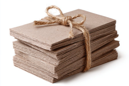 A beautiful stack of eco-friendly notepads with natural covers, elegantly tied with jute string,...
