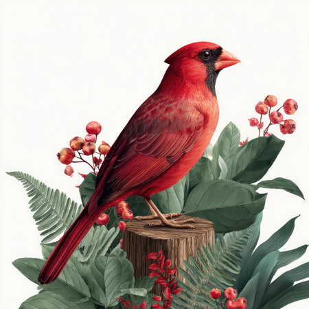 A stunning image of a bright red cardinal bird perched on a wooden stump, surrounded by vibrant...