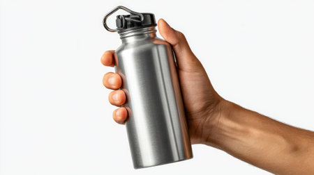 A person holds a sleek, reusable stainless steel water bottle, showcasing an eco-friendly and stylish design for hydration on the go or at home.の写真素材