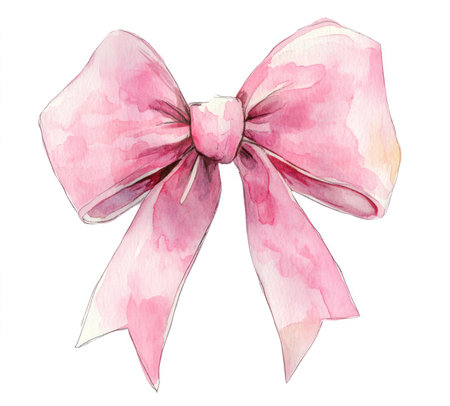 This charming pink bow illustration is created in a soft watercolor style, perfect for design projects. Isolated on a white background, it adds a touch of elegance and cuteness.の写真素材