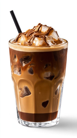 Enjoy a refreshing iced mocha drink presented in a clear glass cup, beautifully layered with...