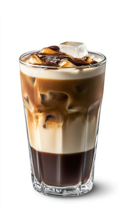A stunning image of an iced mocha drink served in a clear glass cup, showcasing a perfect layered...