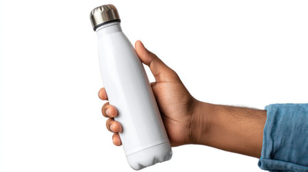 A close-up image of a hand holding a sleek, reusable water bottle made of stainless steel, perfect for hydration on the go. Ideal for eco-friendly lifestyles.の写真素材