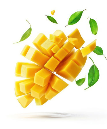 Discover vibrant mango cubes artistically arranged on a white background, complemented by fresh green leaves, perfect for food photography and culinary inspiration.の写真素材