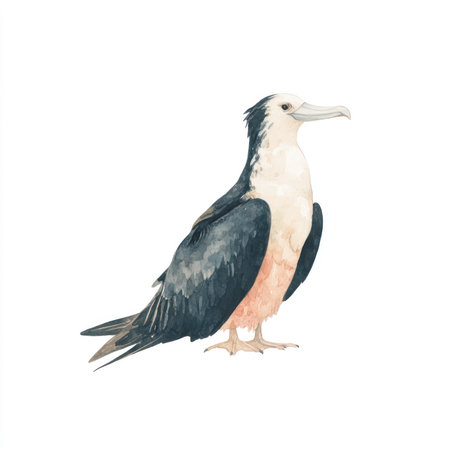 This watercolor illustration features a frigatebird elegantly depicted on a white background, showcasing its unique form and stunning colors. Perfect for art, education, or dの写真素材