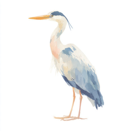 This beautiful watercolor illustration of a heron showcases the bird's elegance and grace on a clean white background, perfect for art lovers and decor enthusiasts.の写真素材