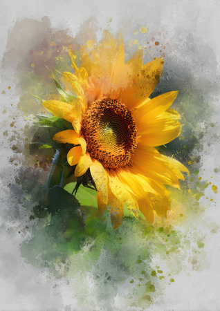 This striking artwork features a vibrant sunflower amid a chaotic blending of colors, symbolizing beauty and life. A perfect piece to enhance any space.の写真素材