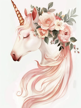 This enchanting illustration features an adorable white unicorn adorned with a floral crown, capturing a whimsical and gentle essence perfect for fantasy art lovers.の写真素材