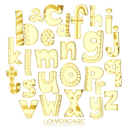 Light gold chalk pencil alphabet lowercase letters.Hand drawn written with stripe and polka dot styleのイラスト素材