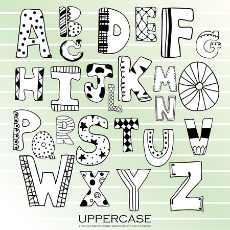 Black chalk pencil alphabet uppercase letters.Hand drawn written with stripe and polka dot styleのイラスト素材