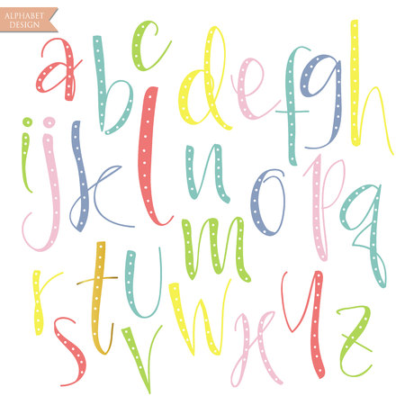 Yellow pink blue green colorful ink alphabet letters.Hand drawn writtenのイラスト素材