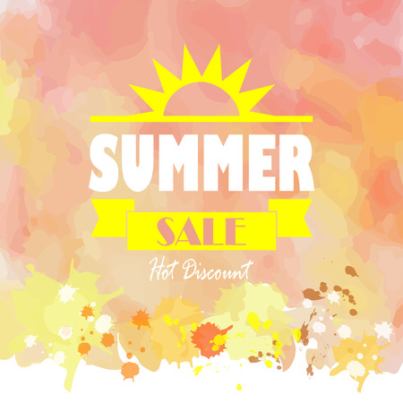 Sale label advertising design with yellow orange light hot watercolor summer on midyear sale background and vintage sun logo.のイラスト素材