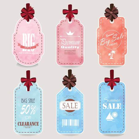 Light pink orange blue label advertising design with watercolor summer on mid year saleのイラスト素材