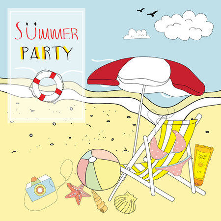 Light pink blue collection for banners, Flyers, Placards and Posters with ball,shell,umbrella and beach chairのイラスト素材