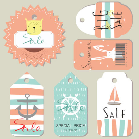 Light pink blue tag sale on summer with bear and rabbitのイラスト素材