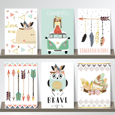 Light blue pink gold card template with whale,feather,arrow,van,girl and owl in boho styleのイラスト素材