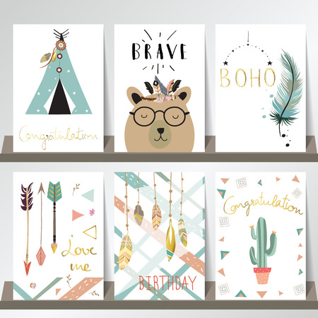 Light blue pink gold card template with whale,feather,arrow,van,girl and owl in boho styleのイラスト素材