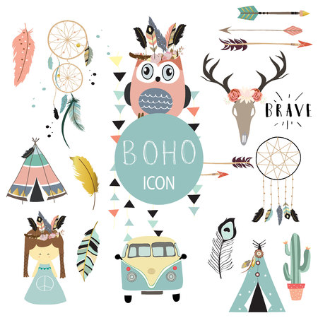 Card template collection for icon,Flyers,Placards with wreath,feather,owl,tent,wild,girl and arrow in boho styleのイラスト素材