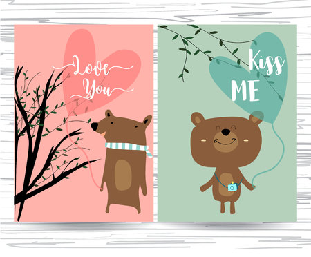 Pink,blue love collection for banners,Flyers,Placards with bear and heart on valentine's dayのイラスト素材