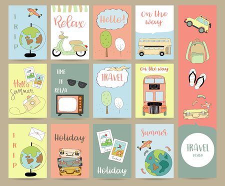 Travel collection for banners,Flyers,Placards with airplane,world,bus in london,bicycle,luggage,camera and treeのイラスト素材