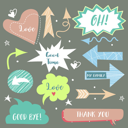 Pink,blue bubble talk with My mamily,Oh,Love,Good bye and Good time wording and arrow iconのイラスト素材