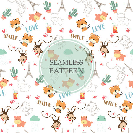 Light orange,white seamless pattern with tiger,hippopotamus,monkey and cactusのイラスト素材