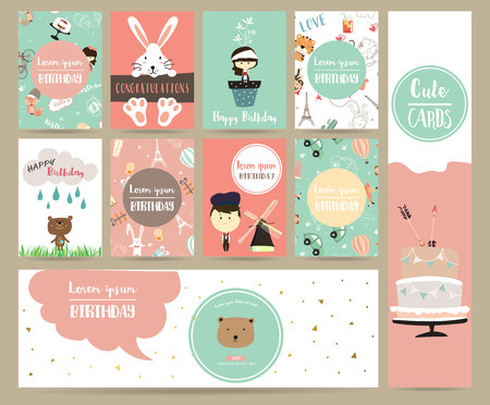Pink blue pink collection for banners,Placards with rabbit,girl,boy,bear,house,cake and carのイラスト素材