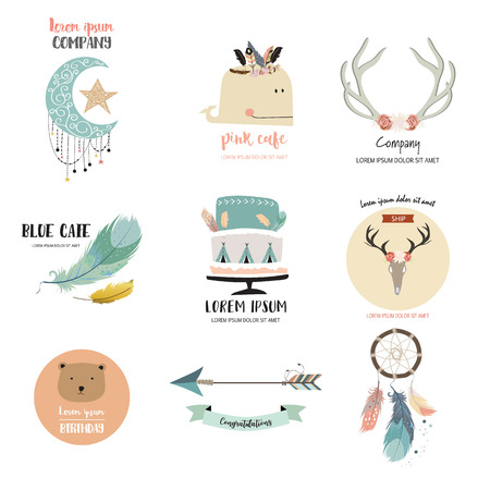 Cute logo design with moon,star,feather,bear,wild,cake,arrow and whaleのイラスト素材
