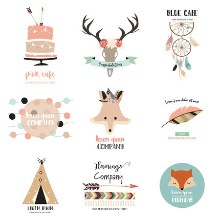 Cute icon designs with indian tent,feather,fox,wild,cake and arrowのイラスト素材