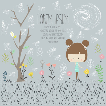 Colorful greeting card with girl,tree,flower,leaf and plantのイラスト素材