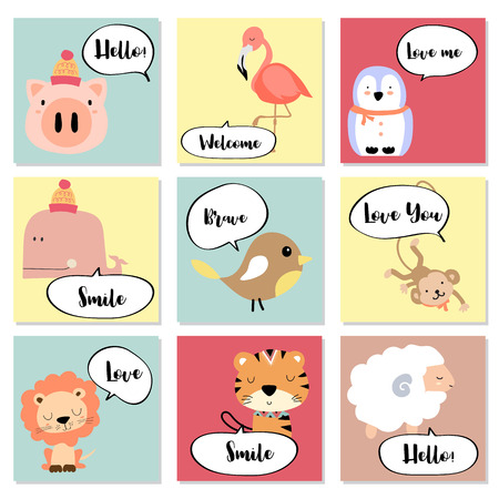 Pink blue pink collection for banners,Placards with pig,flamingo,penguin,whale,bird,monkey,lion,tiger and sheepのイラスト素材