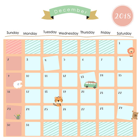 Colorful cute December 2018 calendar with bear,tiger,van,lion and sheepのイラスト素材