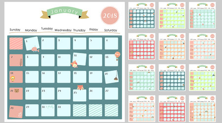 Colorful cute monthly calendar 2018 with lion,fox,cat,bear,balloon.Can be used for web,banner,poster,label and printableのイラスト素材