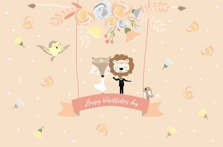 Rose pink collection for banners,Placards with bride and groom as lion and foxのイラスト素材