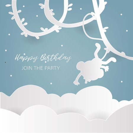 Blue paper cut greeting card with sky and monkey のイラスト素材