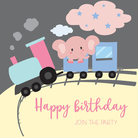 Blue pink pastel greeting card with elephant on the train,railway and cloudのイラスト素材