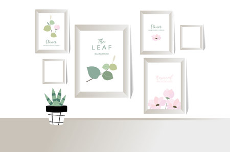 Green fame with cactus, leaf, flower on the wallのイラスト素材