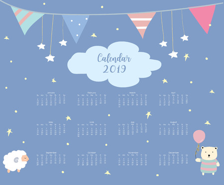 Colorful cute monthly calendar 2019 with bear, sheep and flag. Can be used for web, banner, poster, label and printable.のイラスト素材