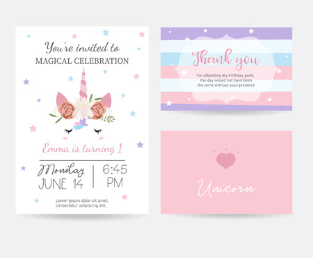 Hand drawn cute card with unicorn head,wreath and heartのイラスト素材