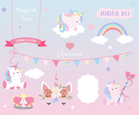 Hand drawn element with sleep unicorn,heart,flag,rainbow,cloud,star and crownのイラスト素材