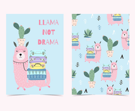 Hand drawn cute card with cactus, llama not dramaのイラスト素材