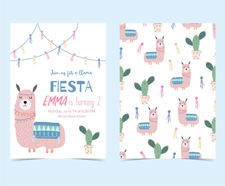Hand drawn cute card with cactus and llamaのイラスト素材
