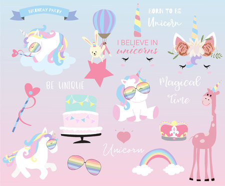Hand drawn element with sleep unicorn,heart,star,glasses,cake,flag,rainbow,rabbit,giraffe and crownのイラスト素材