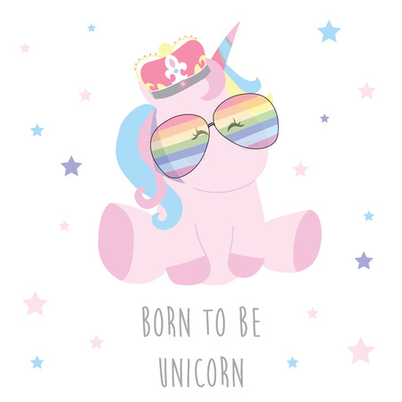 Hand drawn pink blue card and label with unicorn,rainbow,star,glasses.Born to be unicornのイラスト素材