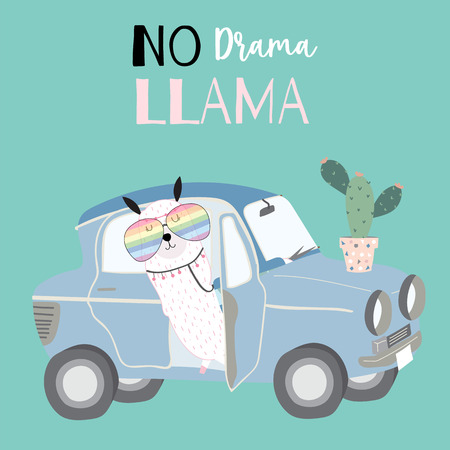Hand drawn cute card with llama,glasses,car,cactus in summer.Llama not dramaのイラスト素材