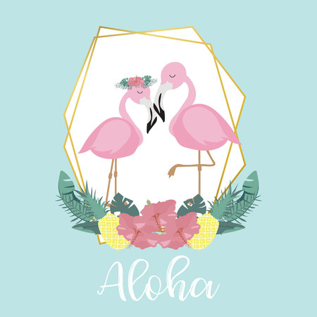 Blue pink invitation card with palm, pineapple,hibiscus,flamingo,banana leaf and flower in summerのイラスト素材